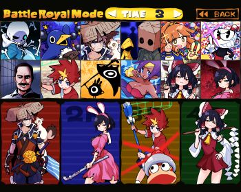 5girls 6+boys animal animal_ears arle_nadja black_hair blood blood_on_clothes blood_on_face bomb bone breasts brown_hair carbuncle_(puyopuyo) character_select cleavage commentary coppa crossover cuphead cuphead_(game) dark-skinned_female dark_skin detached_sleeves disgaea dress english_text explosive facial_hair fake_animal_ears fuurai_no_shiren gloves gohei gram_9 grin hakurei_reimu hand_on_own_hip hatepon highres holding holding_gohei hood hood_up index_finger_raised japanese_clothes kakeru_(saru_getchu) large_breasts lead_pipe little_nightmares long_hair mono_(little_nightmares) multicolored_hair multiple_boys multiple_crossover multiple_girls mustache nintendo open_mouth parody patapon pipo_monkey prinny puyo_(puyopuyo) puyopuyo rabbit_ears raincoat red_hair sailor_collar sans_(undertale) saru_getchu scar scar_on_face shantae shantae_(series) shimizu_hinako shimizu_hinako_(pink_rabbit_costume) shiren_(fuurai_no_shiren) silent_hill_(series) silent_hill_f six_(little_nightmares) smile sparkle super_smash_bros. sword the_exit_8 the_walking_man_(the_exit_8) touhou undertale utdr_(toby_fox) weapon white_gloves yellow_raincoat