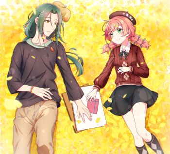 Rule 34 | 1boy, 1girl, argyle clothes, argyle socks, battamonda, beret, black hat, black shirt, black skirt, black socks, blue ribbon, bracelet, braid, brown hat, brown pants, brown sweater, casual, closed mouth, drawstring, dress shirt, gift, green eyes, green hair, green ribbon, hair ribbon, hat, hetero, highres, hirogaru sky! precure, jewelry, kyoutsuugengo, leaf, long hair, long sleeves, looking at another, low ponytail, low twin braids, lying, miniskirt, neck ribbon, nijigaoka mashiro, notepad, on back, outdoors, pants, pink hair, ponytail, precure, ribbon, shirt, skirt, smile, socks, sweater, twin braids, v-neck, white shirt, yellow eyes