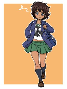 1girl blue_eyes blush brown_hair closed_mouth full_body girls_und_panzer looking_at_viewer midriff miniskirt musical_note navel ooarai_school_uniform orange_background pleated_skirt school_uniform short_hair simple_background skirt smile solo suzuki_(girls_und_panzer) takahashi_kurage