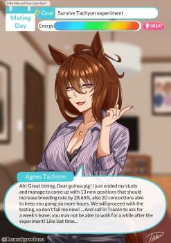 1girl absurdres aged_up agnes_tachyon_(umamusume) ahoge alternate_costume animal_ears black_bra blurry blurry_background bra breasts brown_hair cleavage collarbone commentary english_commentary english_text hair_between_eyes hand_up highres horse_ears horse_girl indoors jewelry light_smile looking_at_viewer mature_female necklace open_mouth purple_nails red_eyes romulproduce shirt signature speech_bubble tear_troughs twitter_username umamusume underwear user_interface