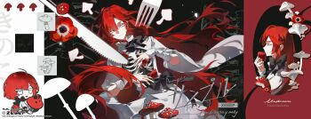 1girl absurdres black_bow bow chibi chibi_inset closed_eyes closed_mouth commission copyright_logo dress eyelashes flower fork highres holding holding_mushroom knife kunjiao logo long_hair looking_at_viewer mihuashi_commission multiple_girls mushroom original profile red_flower red_hair skeleton smile watermark white_dress white_hair