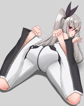 Rule 34 | 1girl, absurdres, ass, barefoot, blush, feet, grey hair, highres, hololive, isaki riona, long hair, looking at viewer, looking back, lying, on stomach, open mouth, pink eyes, red eyes, side ponytail, soles, tamagotozi3420, toes, virtual youtuber