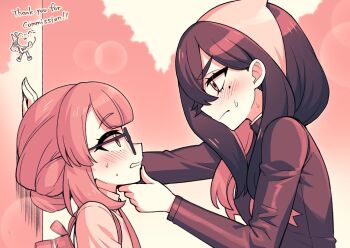 2girls backpack bag blush carmine_(pokemon) closed_mouth collared_shirt colored_inner_hair commentary_request commission crossed_bangs english_text eye_contact from_side glasses hair_between_eyes hairband hand_on_another&#039;s_chin heebee jacket kabedon lens_flare limited_palette long_hair long_sleeves looking_at_another mole mole_under_eye multicolored_hair multiple_girls nintendo oc_x_canon original outdoors parted_lips pokemon pokemon_sv profile school_bag school_uniform shirt short_hair sidelocks skeb_commission sweat thank_you two-tone_hair upper_body yuri