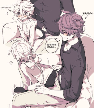 2boys aether_(genshin_impact) age_difference aged_down braid braided_ponytail buttjob buttjob_over_clothes character_request commentary commentary_request couch english_text genshin_impact highres hood hoodie male_focus monochrome multiple_boys on_couch onii-shota redbeanegg reverse_upright_straddle sex sex_from_behind short_hair shota simple_background sitting sitting_on_lap sitting_on_person speech_bubble stress tartaglia_(genshin_impact) thought_bubble watching_television yaoi