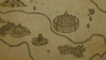 brown_theme bush castle game_cg grass house map monochrome mountain no_humans non-web_source official_art river tate_no_yuusha_no_nariagari tate_no_yuusha_no_nariagari_rise tree watchtower