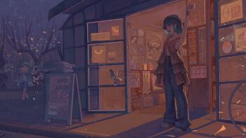 Rule 34 | 1other, androgynous, arm behind head, arm up, bare arms, bare shoulders, bicycle, blue hair, blue pants, blunt bangs, brown hat, brown jacket, closed eyes, colored inner hair, denim, eye of senri, full body, happy, hat, hatsburg, highres, jacket, jeans, len'en, long shadow, looking to the side, loose pants, menu board, multicolored hair, night, open clothes, open jacket, other focus, outdoors, pants, parted bangs, pink shirt, realistic, red shoes, senri haiji, shirt, shoes, shop, short hair, sleeveless, sleeveless jacket, sleeveless shirt, sneakers, solo, spell card, standing, stretching, striped clothes, striped hat, striped shirt, tailcoat, teeth, upper teeth only, yawning