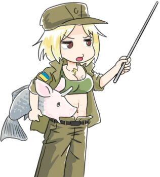 Rule 34 | 1girl, abs, blonde hair, breasts, brown eyes, cleavage, fish, green pants, green tank top, hat, holding, holding stick, japanon, marichka, navel, non-web source, open mouth, original, pants, russo-ukrainian war, schweinokaras, simple background, soldier, stick, stomach, tank top, teaching