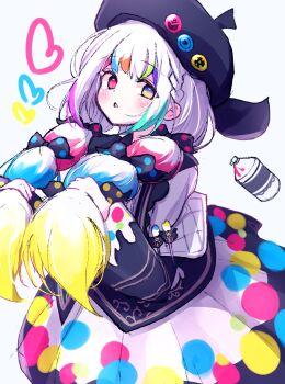 1girl artist_painter beret black_hat bow commentary hair_bun hat heterochromia highres holding holding_own_hair jogasaki_noah long_hair looking_at_viewer magical_girl mahou_shoujo_no_majo_saiban multi-tied_hair noniyama paint_stains paintbrush parted_lips polka_dot polka_dot_bow red_eyes simple_background single_hair_bun solo spray_can spray_paint very_long_hair white_background white_hair yellow_eyes