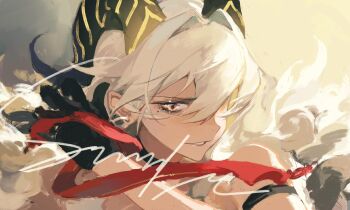 1girl bare_shoulders black_gloves black_horns chinese_commentary commentary_request curled_horns gloves hair_between_eyes hand_up highres horns liudaohai6001 long_hair looking_at_viewer parted_lips portrait red_eyes signature smile solo wuthering_waves zani_(wuthering_waves)