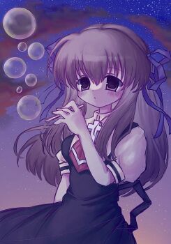 Rule 34 | 1girl, air (visual novel), ascot, back bow, black dress, black hair, blue ribbon, blush, bow, brooch, bubble, bubble pipe, cloud, collared shirt, commentary, cross brooch, dress, english commentary, hair between eyes, hair ribbon, highres, imydestination, jewelry, long hair, looking afar, night, puffy short sleeves, puffy sleeves, red ascot, ribbon, school uniform, shirt, short sleeves, sky, solo, star (sky), starry sky, toono minagi, white shirt