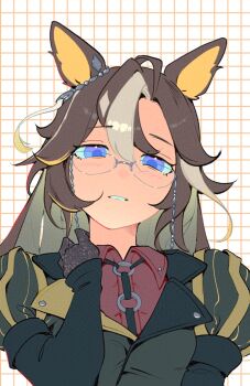 1girl animal_ears bea_lenoir black_gloves black_jacket blue_eyes brown_hair collared_shirt colored_inner_animal_ears dream_journey_(reminder_of_dreamland)_(umamusume) dream_journey_(umamusume) eyewear_strap glasses gloves grid_background hair_between_eyes hand_on_own_neck horse_ears horse_girl jacket lapels long_hair long_sleeves looking_at_viewer multicolored_hair parted_lips red_shirt shirt solo streaked_hair umamusume upper_body white_background white_hair