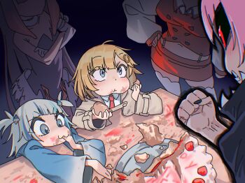 black_sclera blonde_hair blue_eyes blue_hair blush cake clenched_hand colored_sclera crossed_arms dress dress_shirt eating food food_on_face gawr_gura gawr_gura_(1st_costume) hair_ornament hand_on_own_hip highres hololive hololive_english jacket monocle mori_calliope mori_calliope_(1st_costume) multicolored_hair navel necktie ninomae_ina&#039;nis ninomae_ina&#039;nis_(1st_costume) orange_hair pink_hair purple_dress purple_hair red_eyes shark_hair_ornament shirt skirt streaked_hair table takanashi_kiara takanashi_kiara_(1st_costume) tentacle_hair two_side_up virtual_youtuber watson_amelia watson_amelia_(1st_costume) white_hair zedd_(zedgawr)