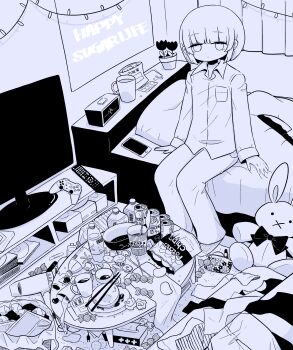 1girl x_mouth absurdres album_cover animal_ears bed blanket blunt_bangs bottle bowl breast_pocket can candy cellphone chips_(food) chopsticks christmas_lights collared_shirt controller cover crazy cup curtains drink_can empty_eyes flower food game_console game_controller highres knife limited_palette long_sleeves m_imi_mi messy_room neck_ribbon on_bed original pajamas pants phone pill pillow playstation_1 pocket potato potato_chips rabbit remote_control ribbon shirt short_hair sitting smartphone soda soda_bottle soda_can stuffed_animal stuffed_toy suicide table television yami_kawaii
