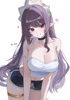 1girl absurdres bandaid bandaid_on_shoulder bare_arms bare_shoulders black_choker black_shorts breasts camisole choker cleavage collarbone commentary_request commission cowboy_shot crop_top curvy dolphin_shorts drawstring grin headdress heart highres kkato large_breasts leaning_forward long_hair looking_at_viewer midriff mole mole_on_breast navel original pointy_ears purple_hair red_eyes shirt short_shorts shorts simple_background sleeveless sleeveless_shirt smile solo spaghetti_strap stomach thick_thighs thigh_strap thighs very_long_hair white_background white_shirt