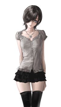 1girl absurdres arm_behind_back art_program_in_frame bingi black_skirt black_thighhighs breasts brown_hair collarbone commentary cowboy_shot earrings english_commentary expressionless frilled_shirt frilled_skirt frills hair_over_one_eye head_tilt highres jewelry looking_at_viewer miniskirt necklace one_eye_covered original parted_lips pixie_cut procreate_(medium) purple_eyes sanpaku self-harm_scar shirt short_hair short_sleeves skirt small_breasts solo standing straight_hair thighhighs white_shirt zettai_ryouiki