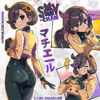 1girl ass black_hair blush bodysuit breasts dark-skinned_female dark_skin emma_(pokemon) gloves heart heart_hands jacket long_sleeves looking_at_viewer medium_breasts nintendo one_eye_closed pokemon pokemon_legends:_z-a purple_eyes short_hair soyiamchan teeth wink