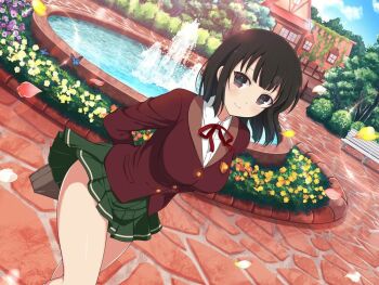 1girl bench black_eyes black_hair blue_butterfly blue_sky blush bow breasts bug building bush butterfly buttons cloud cobblestone cosplay day falling_petals flower fountain high_school_dxd house insect jacket kagura_(senran_kagura) large_breasts looking_at_viewer miniskirt official_art orange_flower outdoors park park_bench path petals plant purple_flower raynare raynare_(cosplay) red_bow red_flower red_jacket red_ribbon ribbon road school_uniform senran_kagura senran_kagura_new_link shirt short_hair skirt sky smile solo stone_walkway symbol-shaped_pupils tree vines water white_flower white_shirt window yaegashi_nan yellow_flower