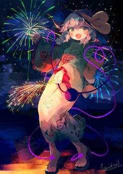 Rule 34 | 1girl, absurdres, alternate costume, black hat, blush, commentary request, eyeball, fangs, fireworks, floral print, frilled sleeves, frills, full body, green eyes, green hair, green kimono, green nails, hat, hat ribbon, heart, heart of string, highres, holding, holding fireworks, japanese clothes, kimono, komeiji koishi, long sleeves, looking at viewer, night, obi, open mouth, outdoors, print kimono, ribbon, rose print, sandals, sash, skin fangs, sky, smile, solo, sparkler, third eye, toes, toroid (621997), touhou, wide sleeves, yellow ribbon, yukata