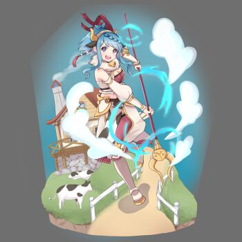 Rule 34 | 1girl, :d, akane (akane112234), animal, bare shoulders, blue eyes, blue hair, blush, boots, braid, breasts, cleavage, commentary request, cow, dot nose, fence, full body, grass, grey background, highres, holding, holding staff, long hair, looking at viewer, mahiru (princess connect!), mahiru (ranger) (princess connect!), medium breasts, midriff, navel, open mouth, princess connect!, smile, solo, staff, standing, standing on one leg, star-shaped pupils, star (symbol), symbol-shaped pupils, white boots