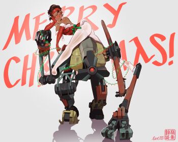 1girl 1other absurdres alyx_vance bare_shoulders black_hair blush bow breasts christmas_lights commentary d0g dress elbow_gloves english_commentary english_text gloves green_bow half-life_(series) headband highres lart173 merry_christmas pantyhose pom_pom_(clothes) red_gloves red_headband robot santa_costume santa_dress simple_background white_pantyhose