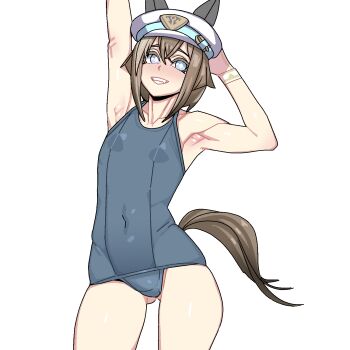1girl :d animal_ears aqua_eyes arm_up armpits bium breasts bright_pupils brown_hair cheval_grand_(umamusume) gluteal_fold grey_one-piece_swimsuit grin highres horse_ears horse_girl horse_tail looking_at_viewer one-piece_swimsuit open_mouth school_swimsuit school_uniform short_hair simple_background small_breasts smile solo swimsuit tail teeth umamusume white_background white_pupils