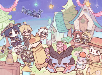 2boys 3girls :&gt; aether_(genshin_impact) ahoge aqua_gemstone arms_at_sides bell belt black_belt black_bodysuit black_bow black_bridal_gauntlets black_dress black_eyes black_gloves black_hair black_pants black_shirt black_shorts black_sleeves blonde_hair blue_hat blue_sleeves blunt_bangs blunt_ends blush_stickers bodysuit bow box braid bridal_gauntlets bright_pupils building character_print circlet cleavage_cutout closed_eyes closed_mouth clothing_cutout crate crop_top cropped_shirt crown double_bun dragon dress elbow_gloves eyeliner eyeshadow fake_facial_hair fake_mustache feathers floating flower furisode gem genshin_impact gloves gold gold_circlet gold_crown grass hair_bun hair_flower hair_ornament hakama hakama_shorts halo hamster hand_up hat heart heart_hair_ornament highres hoshizuki_chimama house in_box in_container japanese_clothes jingasa kimono kirara_(cat)_(genshin_impact) kirara_(genshin_impact) laurel_crown layered_sleeves leg_warmers levitation llama long_hair long_sleeves low-braided_long_hair low-tied_long_hair makeup mandarin_collar mechanical_halo mini_durin_(dragon)_(genshin_impact) mini_durin_(genshin_impact) mole_(animal) multiple_boys multiple_girls navia_(genshin_impact) night night_sky nilou_(breeze_of_sabaa)_(genshin_impact) nilou_(genshin_impact) open_mouth origami outdoors pants parted_bangs plant pleated_shorts pom_pom_(clothes) purple_flower red_eyeliner red_eyeshadow red_hair romper scaramouche_(genshin_impact) scarf shirt short_hair short_sleeves shorts shoulder_peek sitting sky small_dragon smile squirrel standing star_(sky) star_(symbol) starry_sky tareme tree wanderer_(genshin_impact) white_hair white_leg_warmers white_pupils white_romper white_scarf white_sleeves yellow_eyes yellow_feathers yellow_halo yellow_trim