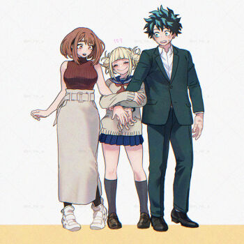 1boy 2girls bare_arms bare_shoulders black_shoes black_socks blonde_hair blue_sailor_collar blue_skirt blunt_bangs boku_no_hero_academia brown_eyes brown_hair brown_shirt brown_shoes closed_mouth collared_shirt double_bun formal_clothes freckles full_body green_eyes green_hair green_jacket green_pants green_suit grey_skirt grey_sweater hair_bun hk_(nt) holding_another's_arm jacket loafers long_skirt medium_hair midoriya_izuku multiple_girls necktie pants parted_lips pleated_skirt red_necktie ribbed_shirt sailor_collar shirt shoes skirt sleeveless sleeveless_turtleneck smile sneakers socks standing suit suit_jacket sweatdrop sweater toga_himiko turtleneck twitter_username uraraka_ochako white_background white_shirt white_shoes