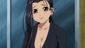 1girl amaenaideyo!! amanogawa_miyako animated animated_gif black_hair bouncing_breasts breasts brown_eyes cleavage close-up happy japanese_clothes kimono large_breasts long_hair mature_female solo