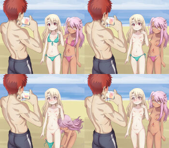 1boy 2girls @_@ aruman assisted_exposure beach bikini bikini_pull black_male_swimwear blood blush breasts brother_and_sister cellphone chloe_von_einzbern clothes_pull completely_nude cowboy_shot dark-skinned_female dark_skin day double_vertical_stripe embarrassed emiya_shirou fate/kaleid_liner_prisma_illya fate_(series) from_behind green_bikini groin highres illyasviel_von_einzbern loli long_hair looking_at_another male_swimwear multiple_girls nipples non-web_source nosebleed nude outdoors phone pink_hair public_indecency pulling_another&#039;s_clothes pussy recording red_eyes red_hair short_hair siblings small_breasts smartphone smile squatting standing stomach_tattoo sweat swim_trunks swimsuit taking_picture tattoo topless_female topless_male uncensored undressing_another wavy_mouth white_hair yellow_eyes