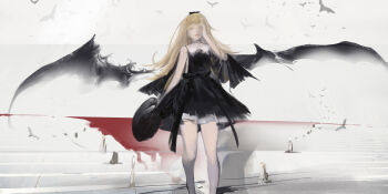 Rule 34 | 1girl, absurdres, arm at side, artist name, bare arms, bare legs, bat (animal), black bow, black dress, black hairband, black hat, black wings, blonde hair, blood, blood on ground, bow, bow hairband, bowler hat, candle, commentary request, contrast collar, cropped, dress, dress bow, feet out of frame, flat chest, flipped hair, full body, hairband, half-closed eyes, hand on own face, hand up, hat, highres, holding, holding unworn clothes, holding unworn hat, horizon, lips, long hair, monogatari (series), nose, oshino shinobu, petticoat, puritan collar, shishirui san, sideless dress, sky, too many, too many bats, unworn hat, unworn headwear, very long hair, white sky, wings, yellow eyes