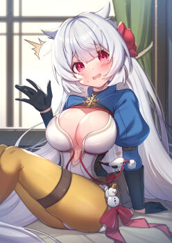 1girl black_gloves breasts cleavage commentary_request fuyuka_(stella_sora) gloves highres large_breasts long_hair pantyhose sitting solo stella_sora uneg