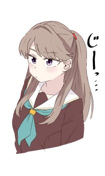 1girl absurdres aqua_neckerchief blush brown_dress brown_hair closed_mouth collarbone commentary cropped_torso dress fujishima_megumi hasu_no_sora_school_uniform highres kanzaki_gou link!_like!_love_live! long_hair long_sleeves love_live! neckerchief puckered_lips purple_eyes sailor_collar sailor_dress school_uniform simple_background solo staring two_side_up virtual_youtuber white_background white_sailor_collar winter_uniform