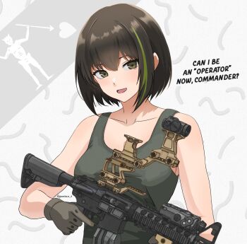 Rule 34 | 1girl, alternate hair length (shorter), assault rifle, brown gloves, brown hair, collarbone, commentary, dgkamikaze, english commentary, english text, girls' frontline, gloves, green eyes, green hair, green tank top, gun, highres, holding, holding gun, holding weapon, jolly roger, looking at viewer, m4a1 (girls' frontline), multicolored hair, open mouth, rifle, scope, solo, streaked hair, tank top, trigger discipline, twitter username, two-tone hair, upper body, weapon