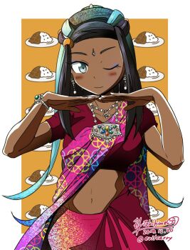 1girl artist_name bindi black_hair blue_eyes blue_eyeshadow blue_hair blush bracelet commentary_request cowboy_shot curry curry_rice dark-skinned_female dark_skin dated earrings eyeliner eyeshadow female_focus food gym_leader indian_clothes jewelry makeup midriff multicolored_hair navel necklace nessa_(pokemon) nintendo one_eye_closed pokemon pokemon_swsh rice sari signature solo tokihime_kaseki twitter_username two-tone_hair