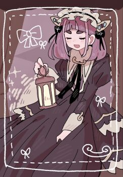 1girl arched_bangs black_dress closed_eyes dress hair_ornament hairclip han0579 highres holding holding_lantern juliet_sleeves lacey_(fall_2025)_(pokemon) lacey_(pokemon) lantern long_sleeves maid maid_headdress nintendo official_alternate_costume open_mouth pink_hair pokemon pokemon_masters_ex puffy_sleeves short_hair solo