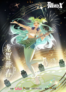 1girl :d absurdres backlighting blue_hair chinese_commentary chinese_text commentary_request copyright_logo denim denim_shorts dutch_angle fireworks full_body gradient_hair green_eyes green_hair green_leggings guitar hair_flowing_over headphones headphones_around_neck highres instrument leggings lens_flare logo long_hair looking_at_viewer lucky_cyan_(to_be_hero_x) midriff multicolored_hair music musical_note night official_art open_mouth outstretched_arm playing_guitar playing_instrument sheet_music shirt shorts smile solo sparkle spotlight stage standing standing_on_one_leg to_be_hero to_be_hero_x translation_request two_side_up very_long_hair white_shirt
