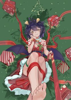 Rule 34 | 1girl, absurdres, ahoge, bare shoulders, barefoot, bell, belt, belt around waist, black belt, box, breast cutout, breasts, cross, cross-shaped pupils, cross facial mark, dress, facial mark, fang, forward-facing horns, fur-trimmed dress, fur collar, fur trim, gift, gift box, green background, hand on own cheek, hand on own face, highres, horns, jingle bell, knees, leash, legs, legs up, looking at viewer, magia baiser, mahou shoujo ni akogarete, medium breasts, pov, purple hair, purple nails, purple wings, red dress, red ribbon, red wrist cuffs, ribbon, short hair, smug, soles, solo, symbol-shaped pupils, toes, user adpn2522, viewer on leash, wings, wrist cuffs, yellow eyes, yellow horns