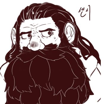 1boy beard beard_over_mouth big_nose dungeon_meshi dwarf facial_hair frown greyscale heuggu highres korean_commentary long_beard looking_to_the_side male_focus mature_eyes monochrome mustache senshi_(dungeon_meshi) solo sweatdrop thick_mustache upper_body very_long_beard wrinkled_skin