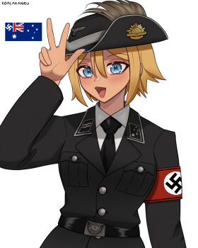 1girl absurdres artist_name australian_flag belt belt_buckle black_belt black_hat black_necktie blonde_hair blue_eyes buckle hair_between_eyes hat highres koalakanru long_sleeves looking_at_viewer military_hat military_uniform nazi necktie open_mouth original reichsadler shirt short_hair siegrunen simple_background smile solo ss_insignia ss_uniform swastika tan tomboy v waffen-ss white_background white_shirt world_war_ii