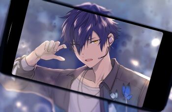 1boy blue_hair cellphone collared_shirt commentary_request ensemble_stars! eyes_visible_through_hair fingernails hair_between_eyes headset highres jewelry layered_clothes looking_at_viewer male_focus necklace open_mouth phone sazanami_jun shirt short_hair smartphone solo teeth three-quarter_sleeves toroi_(run01211) upper_body upper_teeth_only white_shirt yellow_eyes