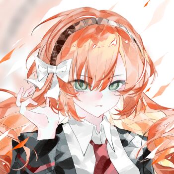 1girl black_jacket bow brown_hairband closed_mouth collared_shirt green_eyes hair_bow hairband hand_up highres ishmael_(project_moon) jacket kuao_yiguozhou limbus_company long_hair necktie orange_hair project_moon red_necktie rope shirt sidelocks simple_background solo very_long_hair wavy_hair white_background white_bow white_shirt