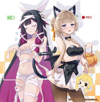 &gt;_o 3girls ;p animal_ear_fluff animal_ears arm_under_breasts bandages bare_arms bare_shoulders battery_indicator bell black_bow black_bowtie black_hair blue_eyes bow bowtie braid breasts brown_hair brown_pantyhose candy candy_corn cat_ears cat_tail checkered_background cleavage collar columbina_(genshin_impact) commentary_request detached_collar food genshin_impact gradient_hair hair_bun hair_intakes halloween_bucket highres holding jingle_bell lollipop long_hair lumine_(genshin_impact) medium_breasts multicolored_hair multiple_girls mummy_costume naked_bandage neck_bell nyanya one_eye_closed pantyhose purple_hair recording sandrone_(genshin_impact) skirt swirl_lollipop tail tongue tongue_out two-tone_hair very_long_hair viewfinder watermark web_address white_background white_collar white_skirt wrist_cuffs