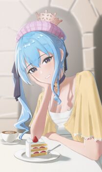 1girl blue_eyes blue_hair breasts cake choker coffee cup food hair_between_eyes hat highres hololive hoshimachi_suisei irasutohajimaru looking_at_viewer morning shirt side_ponytail sleeveless small_breasts smile solo star_(symbol) table virtual_youtuber white_shirt