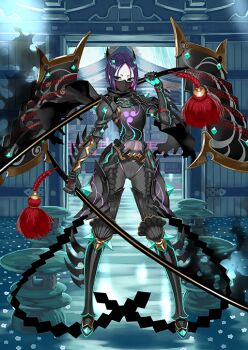 1girl arm_at_side armor armored_boots armored_gloves black_armor black_eyes black_horns black_mask blue_background bob_cut boots breastplate colored_inner_hair covered_mouth dual_wielding fate/grand_order fate_(series) floating_armor full_body game_cg hand_up holding holding_sword holding_weapon honjou_raita horns japanese_armor katana legs_apart linea_alba looking_to_the_side mask mouth_mask multicolored_hair official_art over_shoulder parted_bangs pentagram purple_hair short_eyebrows short_hair shoulder_armor sode solo standing sword tassel third-party_source ushi_gozen_(avenger)_(fate) ushi_gozen_(avenger)_(second_ascension)_(fate) ushi_gozen_(fate) variant_set weapon weapon_over_shoulder