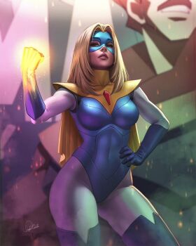 Rule 34 | blonde blazer, blonde hair, blue eyes, blue gloves, blue mask, dispatch, douglas bicalho, eye mask, gem, gloves, highres, leotard, magic, mask, red gem, superhero costume