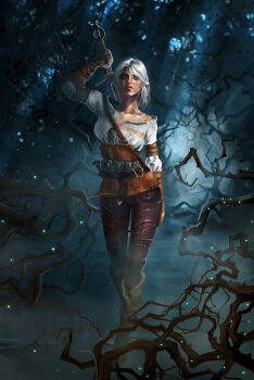 1girl absurdres boots brown_boots brown_gloves brown_pants ciri forest gloves grazia_ferlito green_eyes highres holding holding_sword holding_weapon looking_at_viewer nature pants shirt solo standing sword the_witcher_(series) the_witcher_3 weapon white_hair white_shirt