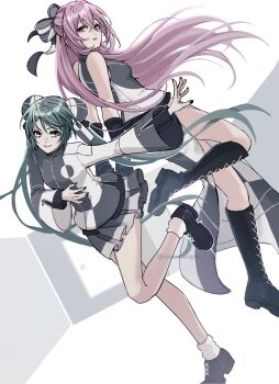 2girls aqua_eyes aqua_hair black_boots black_gloves black_nails black_shoes blue_eyes boots bow bun_cover double_bun dress dutch_angle ear_piercing elbow_gloves gloves hair_between_eyes hair_bow hair_bun hatsune_miku hatsune_miku_(conflict) highres jacket knee_boots lace-up_boots long_hair long_sleeves looking_at_viewer megurine_luka megurine_luka_(conflict) miniskirt multicolored_jacket multiple_girls piercing pink_hair pleated_skirt rozenseraph shoes skirt sleeveless smile socks standing standing_on_one_leg twintails two-tone_bow two-tone_dress two-tone_jacket two-tone_skirt very_long_hair vocaloid white_socks wide_sleeves world's_end_dancehall_(vocaloid)