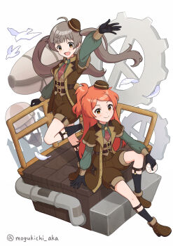 2girls :d ahoge aircraft ankle_boots arm_on_knee arm_up artist_name belt belt_buckle bird black_gloves black_socks blush boots brown_belt brown_boots brown_eyes brown_hat brown_jacket brown_shorts brown_vest buckle closed_mouth collared_shirt commentary_request dirigible falling_feathers feathers floating_hair food foot_up full_body gears gloves green_shirt grey_hair hair_tie hakozaki_serika hand_on_ground hand_on_railing hat highres holding holding_food hot_air_balloon idolmaster idolmaster_million_live! idolmaster_million_live!_theater_days industrial_pipe jacket lapels layered_sleeves leg_up legwear_garter long_hair long_sleeves looking_at_viewer mogukichi_aka multiple_belts multiple_girls necktie notched_lapels official_alternate_costume ogami_tamaki one_side_up open_clothes open_jacket open_mouth orange_eyes orange_hair outstretched_leg parted_bangs puffy_long_sleeves puffy_shorts puffy_sleeves railing raised_eyebrows red_necktie shirt short_over_long_sleeves short_sleeves shorts simple_background sitting sitting_on_stairs smile socks split_mouth stairs standing standing_on_one_leg steamed_bun tilted_headwear twintails twitter_username v-shaped_eyebrows very_long_hair vest waistcoat white_background white_bird white_feathers