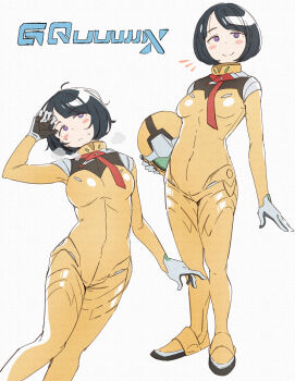 1girl black_gloves black_hair blue_eyes blunt_bangs blush blush_stickers bob_cut bodysuit breasts bright_pupils clenched_hand closed_mouth commentary_request copyright_name covered_navel cowboy_shot earth_federation_space_forces eitopondo expressionless gloves gundam gundam_gquuuuuux helmet highres holding holding_unworn_helmet looking_at_viewer mecha_pilot_suit multicolored_gloves no_sclera normal_suit_(gundam) notice_lines romaji_text shiiko_sugai short_hair simple_background skin_tight small_breasts solo standing two-sided_gloves two-tone_gloves unworn_headwear unworn_helmet white_background white_gloves white_pupils yellow_bodysuit