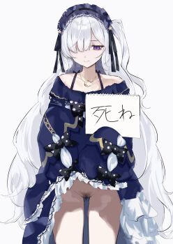 1girl absurdres blue_hairband bow closed_mouth clothes_lift commentary crescent crescent_necklace dera_self dress dress_lift female_pubic_hair frilled_dress frills gothic_lolita hairband highres holding holding_sketchbook jewelry lifting_own_clothes lolita_fashion lolita_hairband long_hair mahou_shoujo_no_majo_saiban natsume_an-an necklace no_panties partially_translated polka_dot polka_dot_bow pubic_hair pubic_hair_peek simple_background sketchbook sleeves_past_fingers sleeves_past_wrists solo symbol-only_commentary translation_request variant_set white_background white_hair